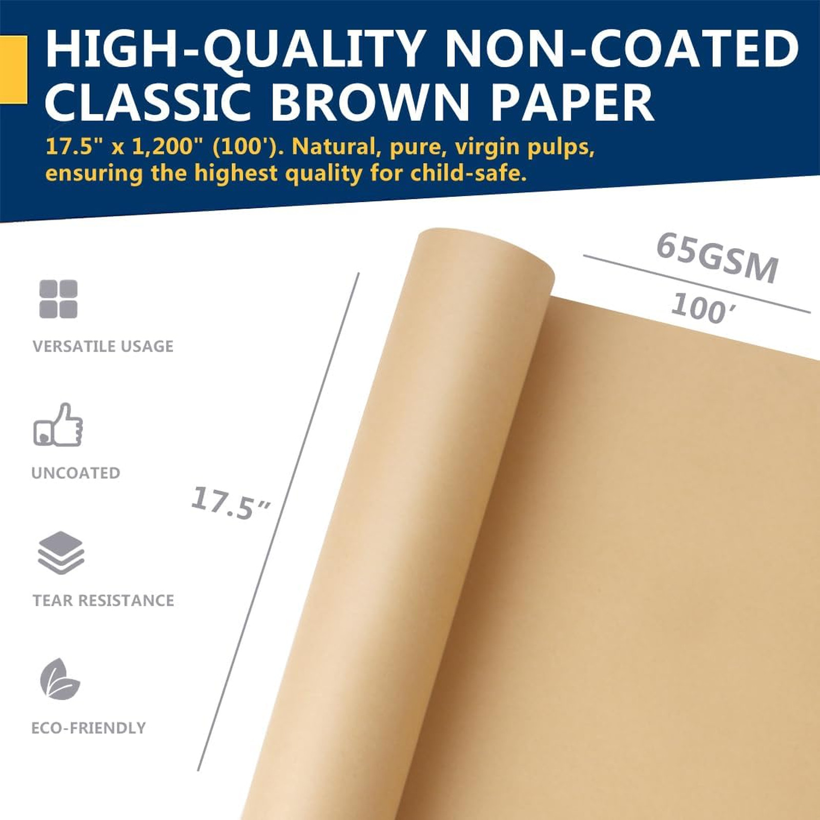 Kraft Paper Roll 17.5×1200 Inches, Brown, Gift Wrapping Art Craft Bulletin Board