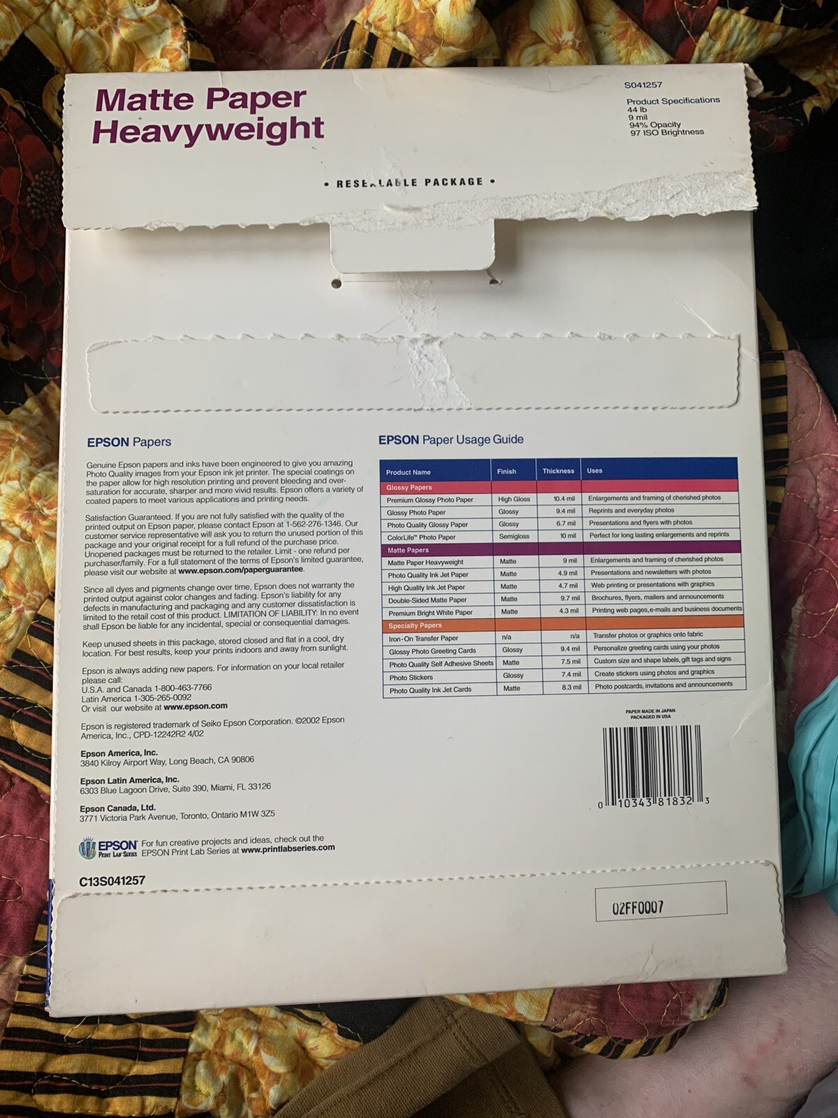 Epson Matte Heavyweight Photo Paper S041257 8.5 x 11 50 sheets per box ink jet