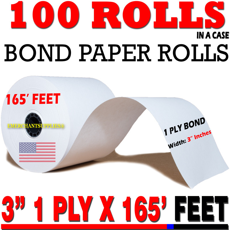 3″ x 165′ CASH REGISTER 1 PLY BOND PAPER PRINTER POS PAPER ROLL 100 ROLLS