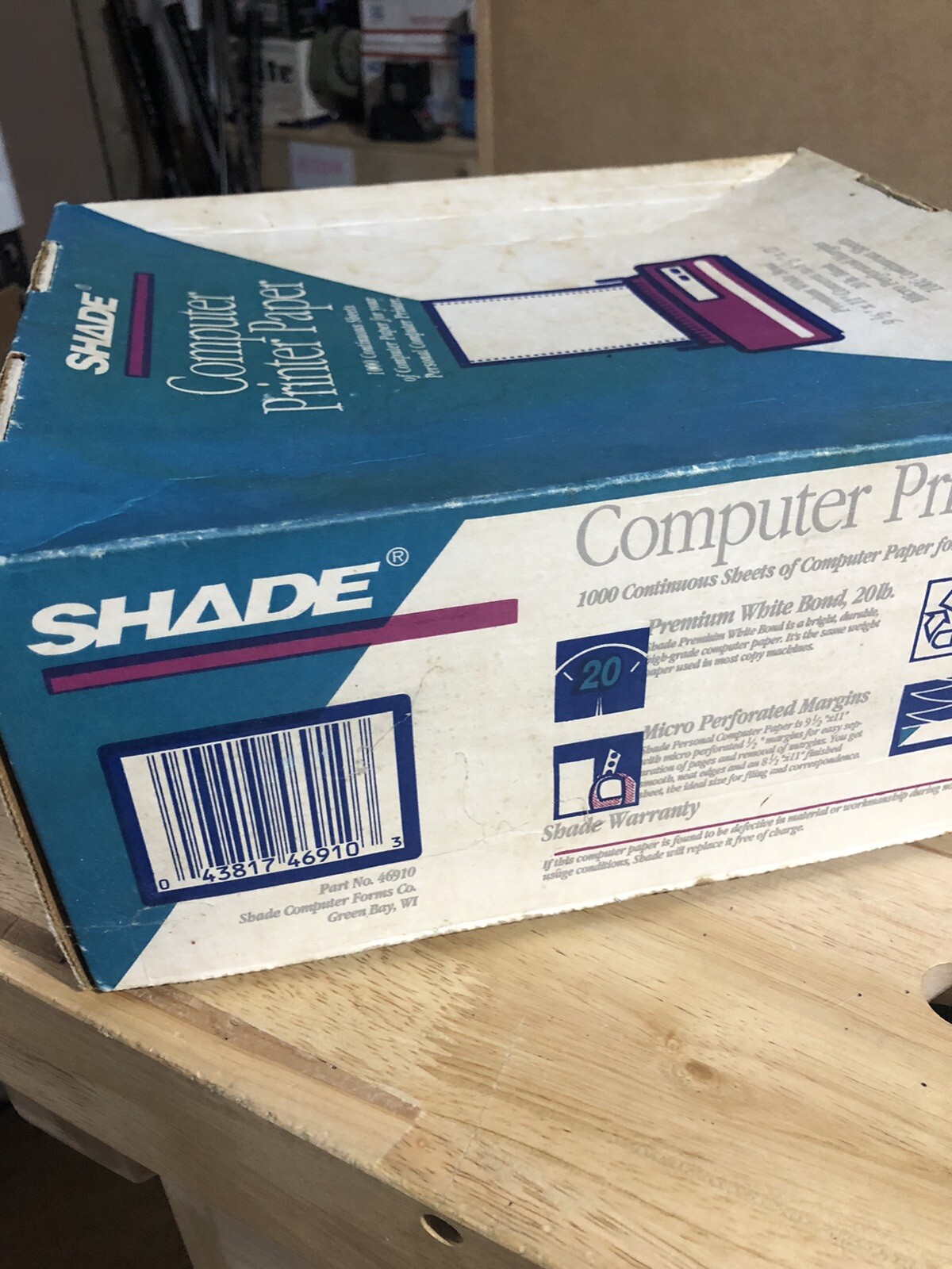 NOS BOX OF VINTAGE SHADE COMPUTER PRINTER PAPER – CONTINUOUS SHEETS