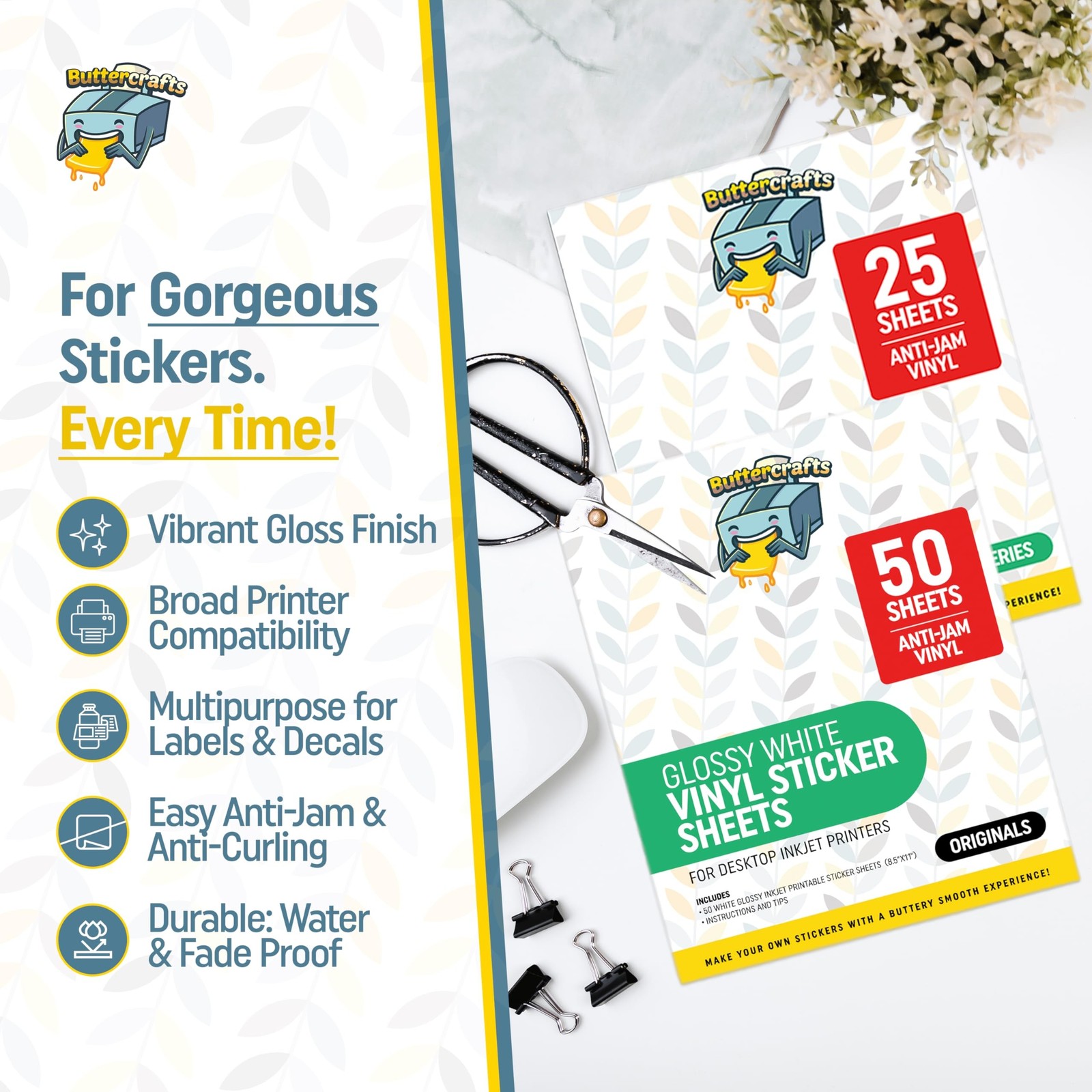 Printable Vinyl – Sticker Paper for Inkjet Printer (50 Sheets, 8.5″ x 11″, An…
