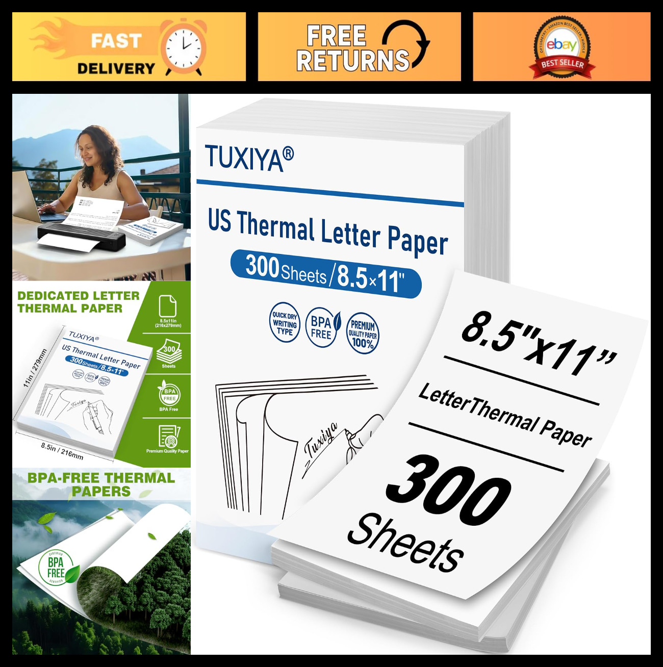 300 Sheets 8.5″x11″ Thermal Printer Paper, BPA-Free, US Letter Size, Compatible