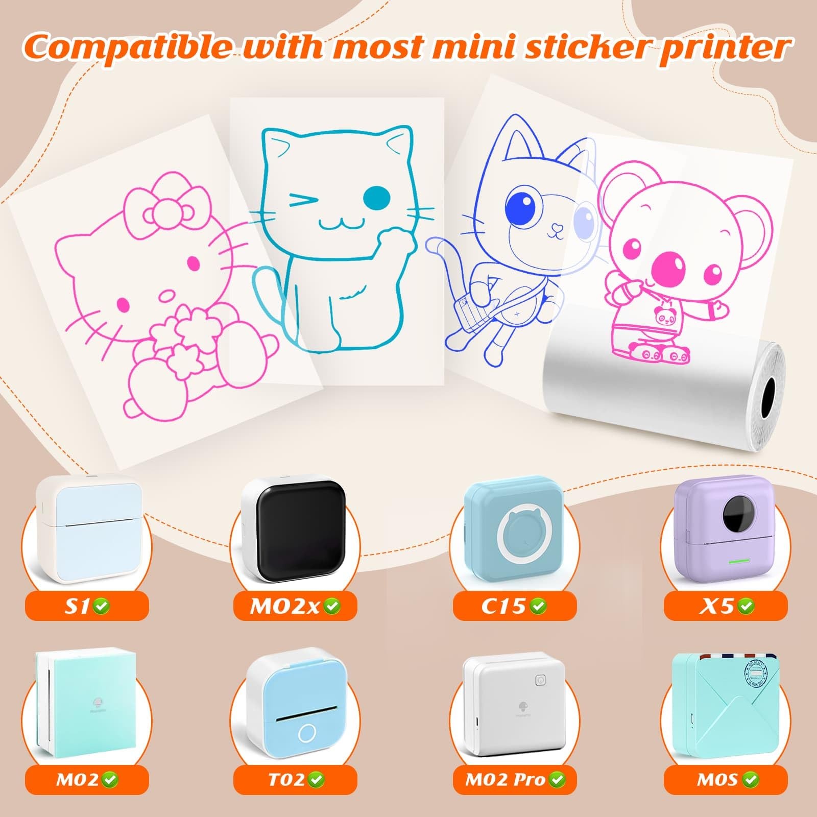 Transparent Sticker Paper 53x28mm Color Text 3 Rolls for Phomemo Printers