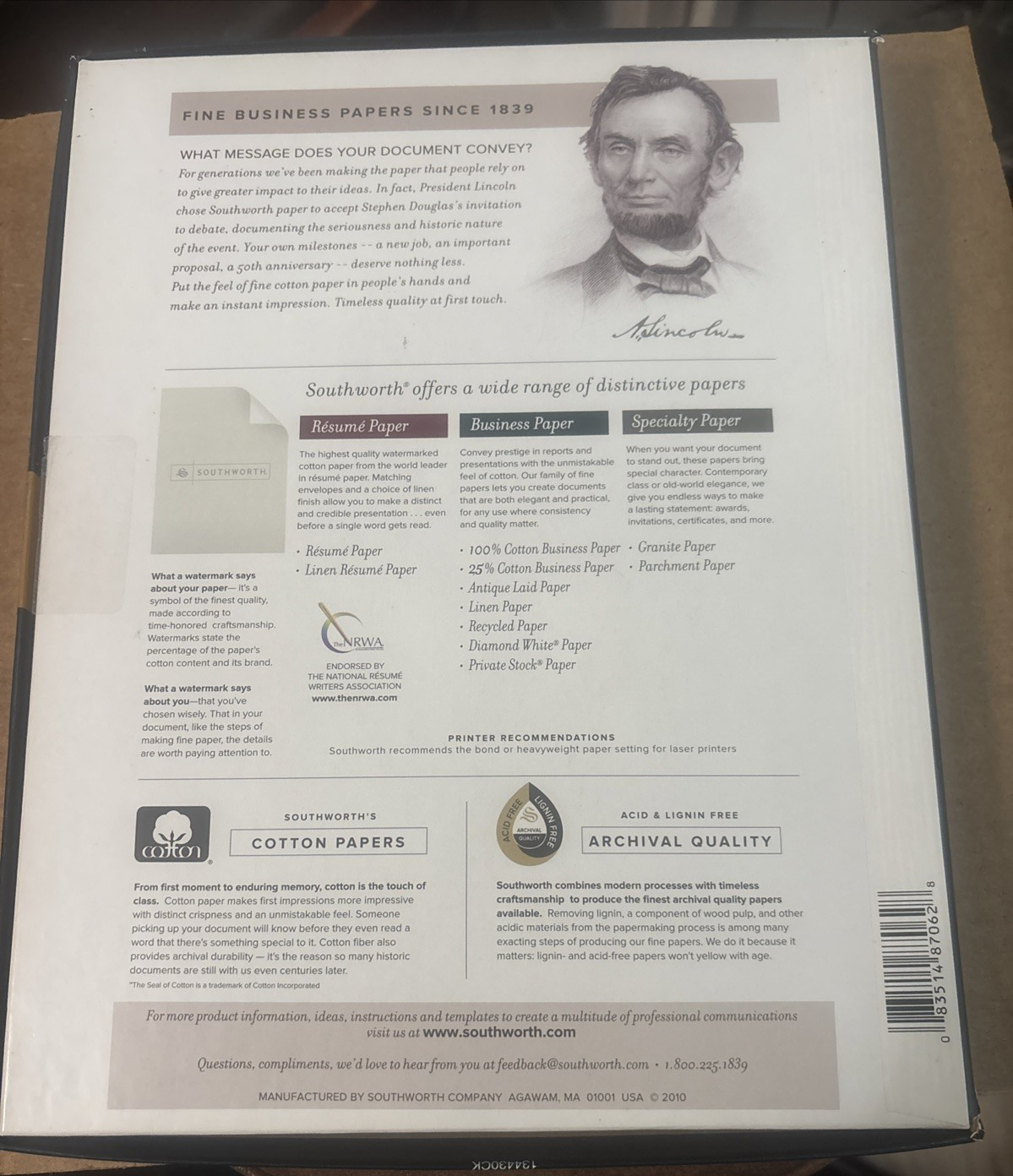 Southworth 25% Cotton Coverstock 65 lbs Letter WHITE 100 Full Box. Open