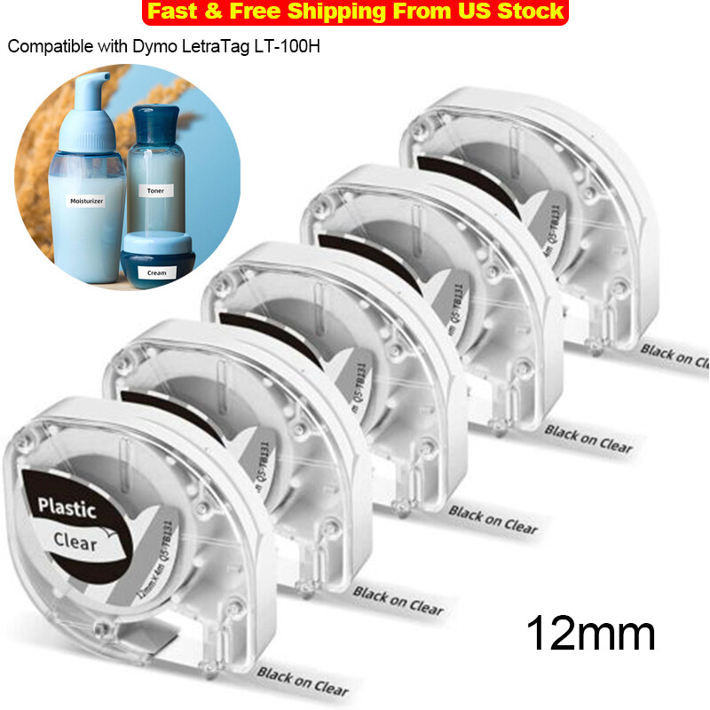 5PK 12mm Black on Clear Label Tapes Replacement for Dymo LetraTag LT-100H P12