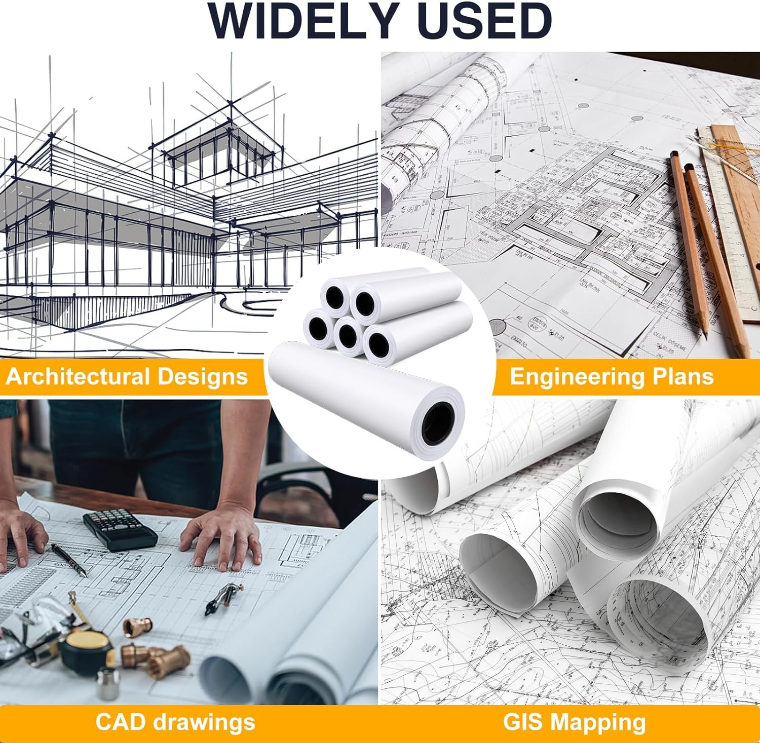 Wide Format Plotter Paper 24″ x 150′ 20LB Inkjet Bond Rolls 2″ Core 1-4 Rolls