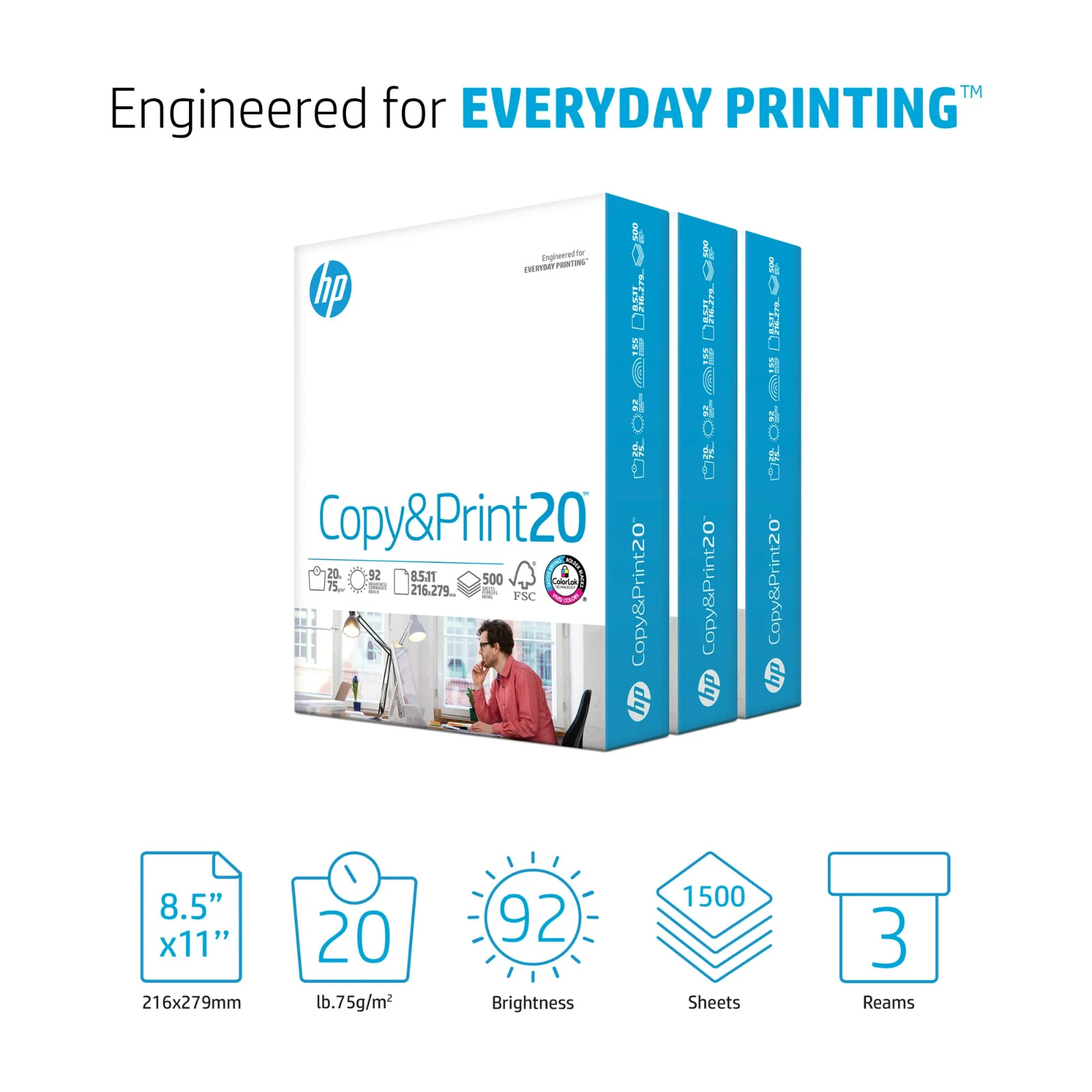 3-Reams HP Office20 Printer Paper White Letter Size 8.5″ x 11″, 1,500 Sheets