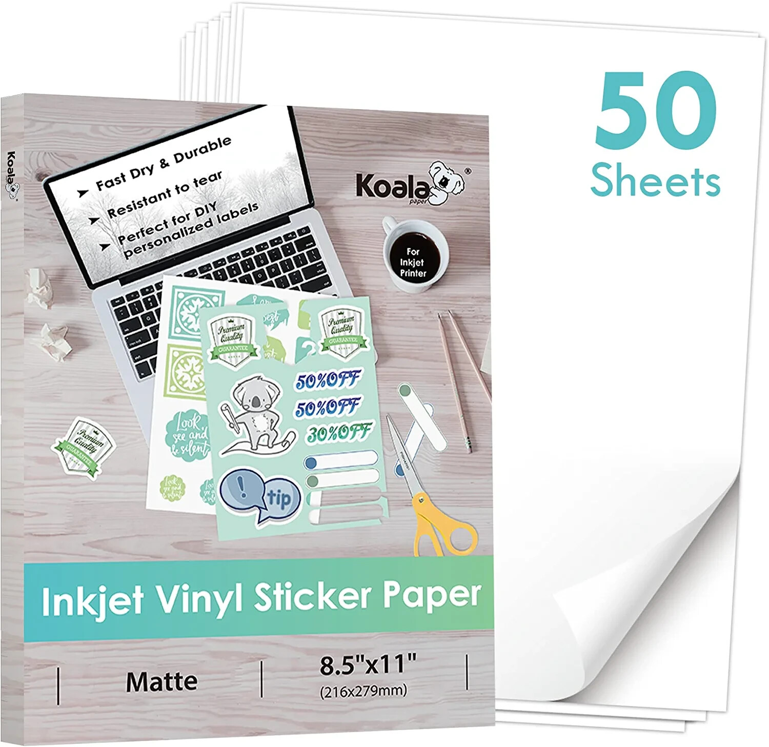 Koala Vinyl Sticker Paper Waterproof Matte White 50 Ct 8.5×11 for Inkjet Laser