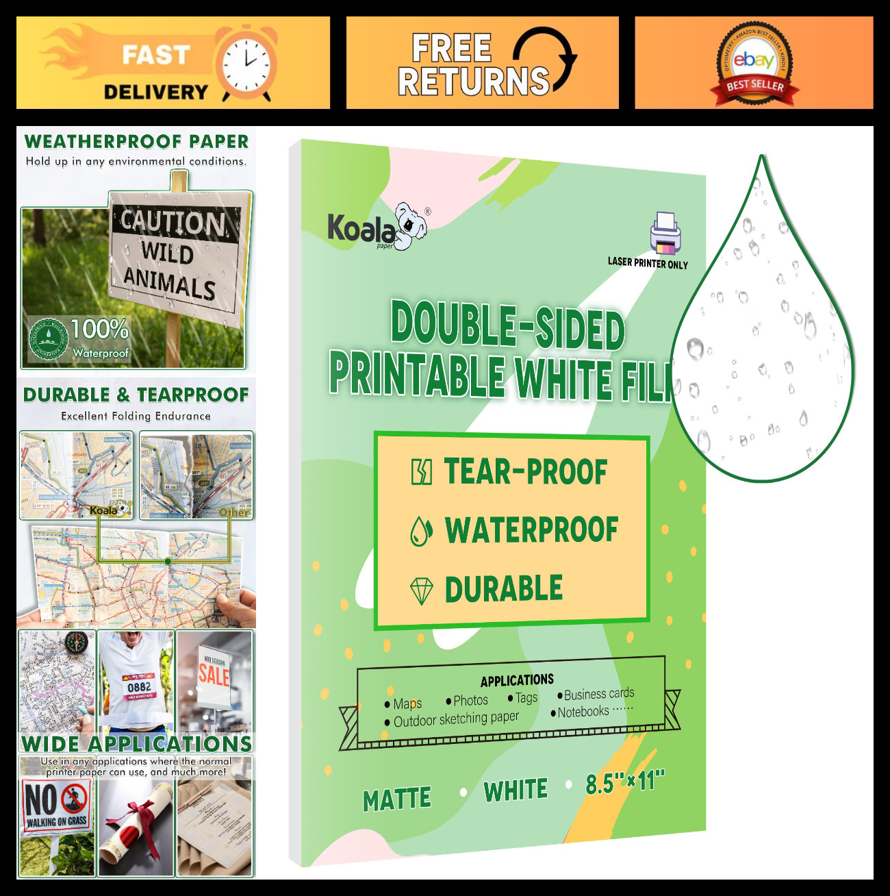 Waterproof Laser Printer Paper 8.5×11 – Tearproof Matte Double-Sided Film, 60 Sh