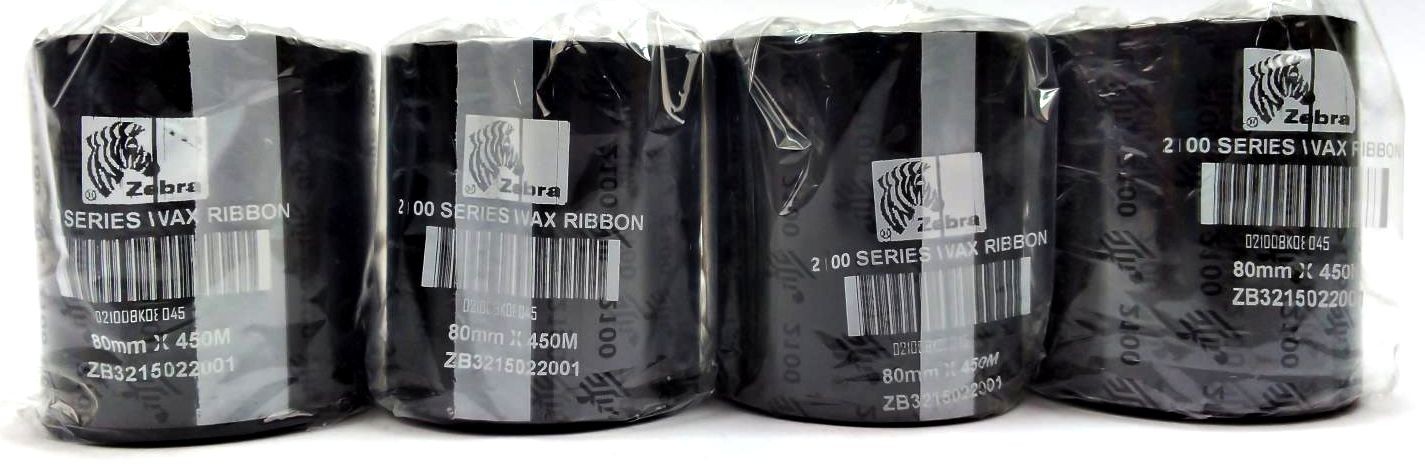 Zebra Wax Ribbons 110mm x 450m 2100 Series Black 02100BK11045 Genuine – 4 Rolls