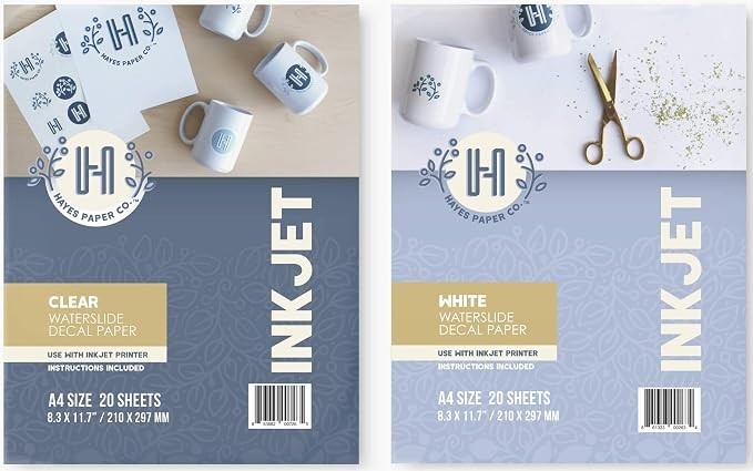 Hayes Paper, Bundle Waterslide Decal Paper Inkjet Clear and White 40 Sheets