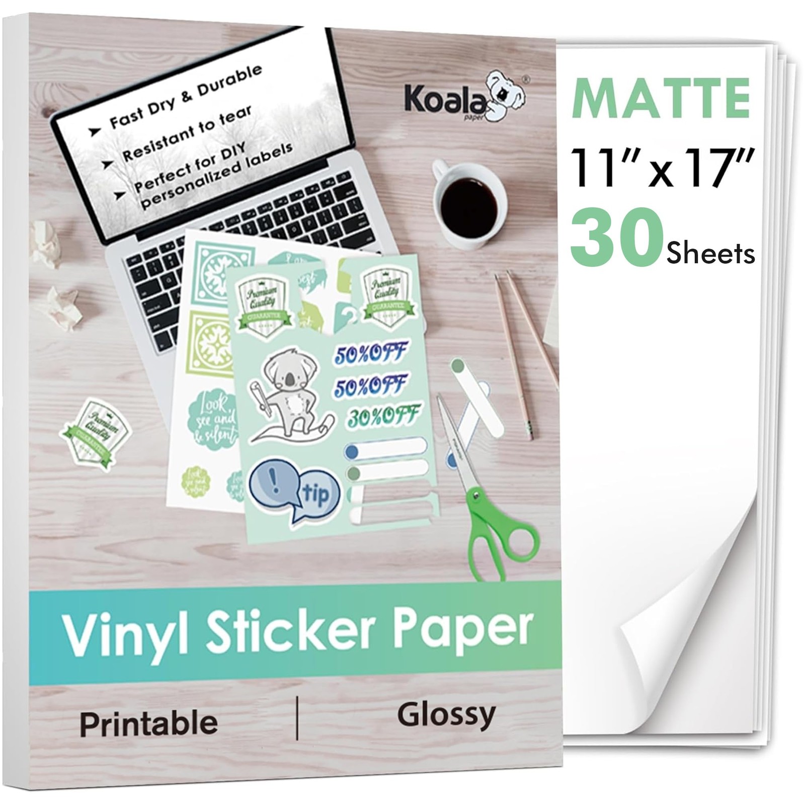 Koala Printable Vinyl Sticker Paper for Inkjet Printer 11×17 Inch – 30 Sheets…