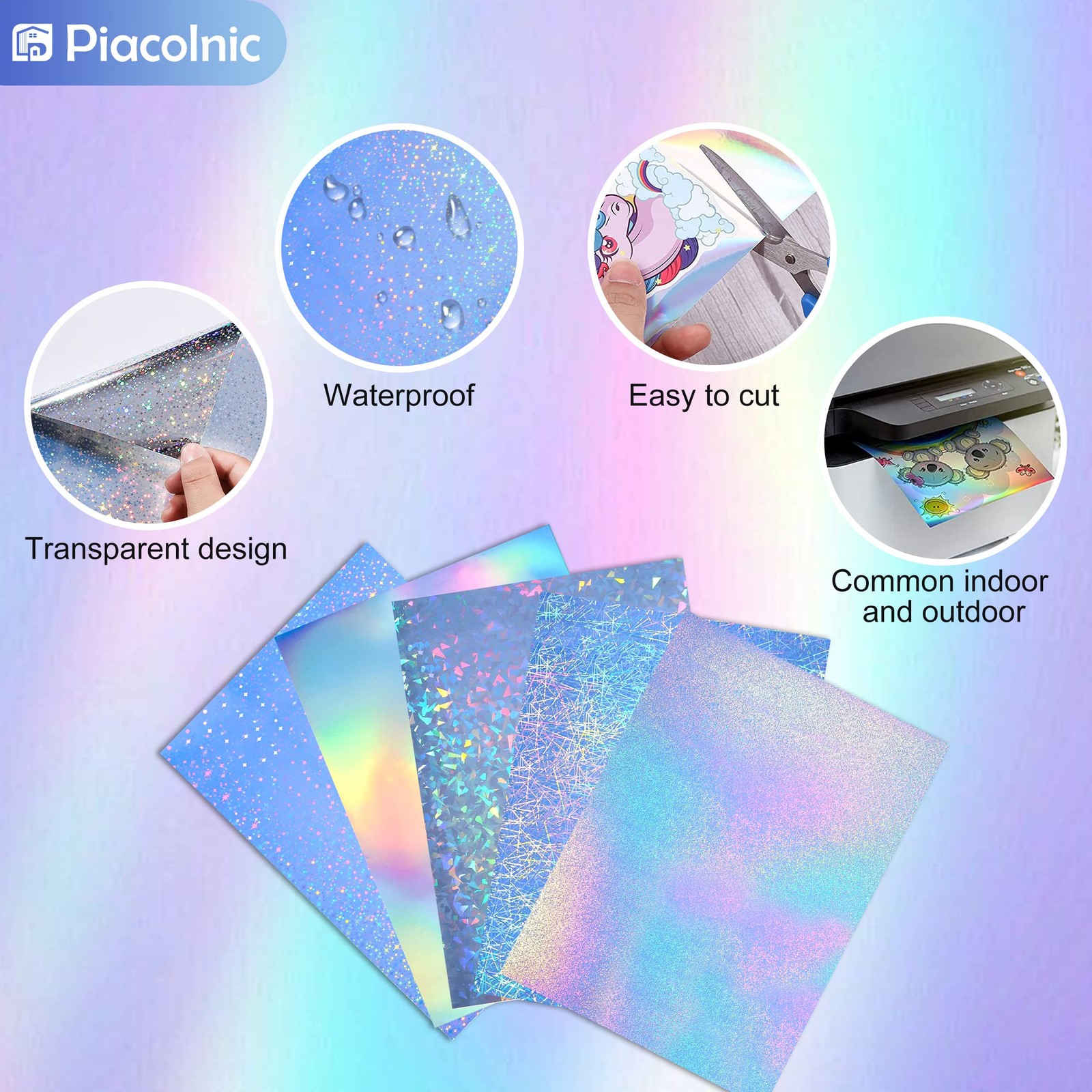 Holographic Sticker Paper, 20 Sheets 5 Styles A4 Printable Clear Vinyl S…
