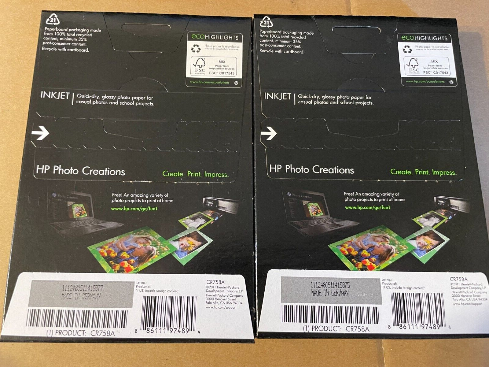 HP Everyday Photo Paper 2 Packs 50 Sheets ea Glossy 4 x 6″ 102 x 152 mm NOS BCB2