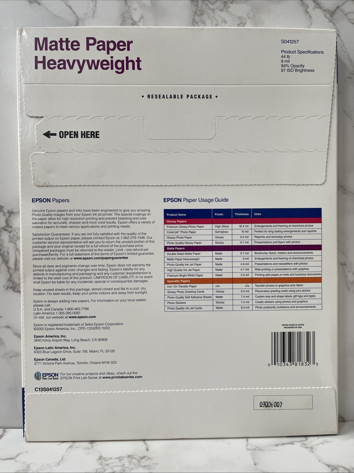 Epson Matte Paper Heavyweight S041257 New Sealed 50 Sheets 8.5″x11″ 9 Mil