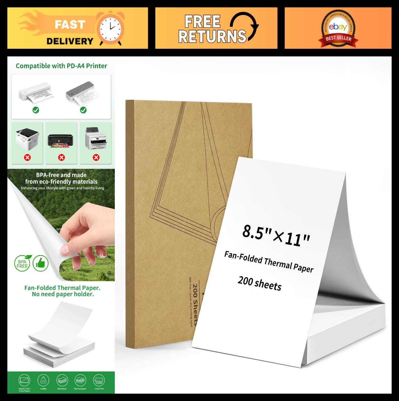 Thermal Printer Paper 8.5×11″ US Letter, Quick-Dry Fan-Folded, 200 Sheets
