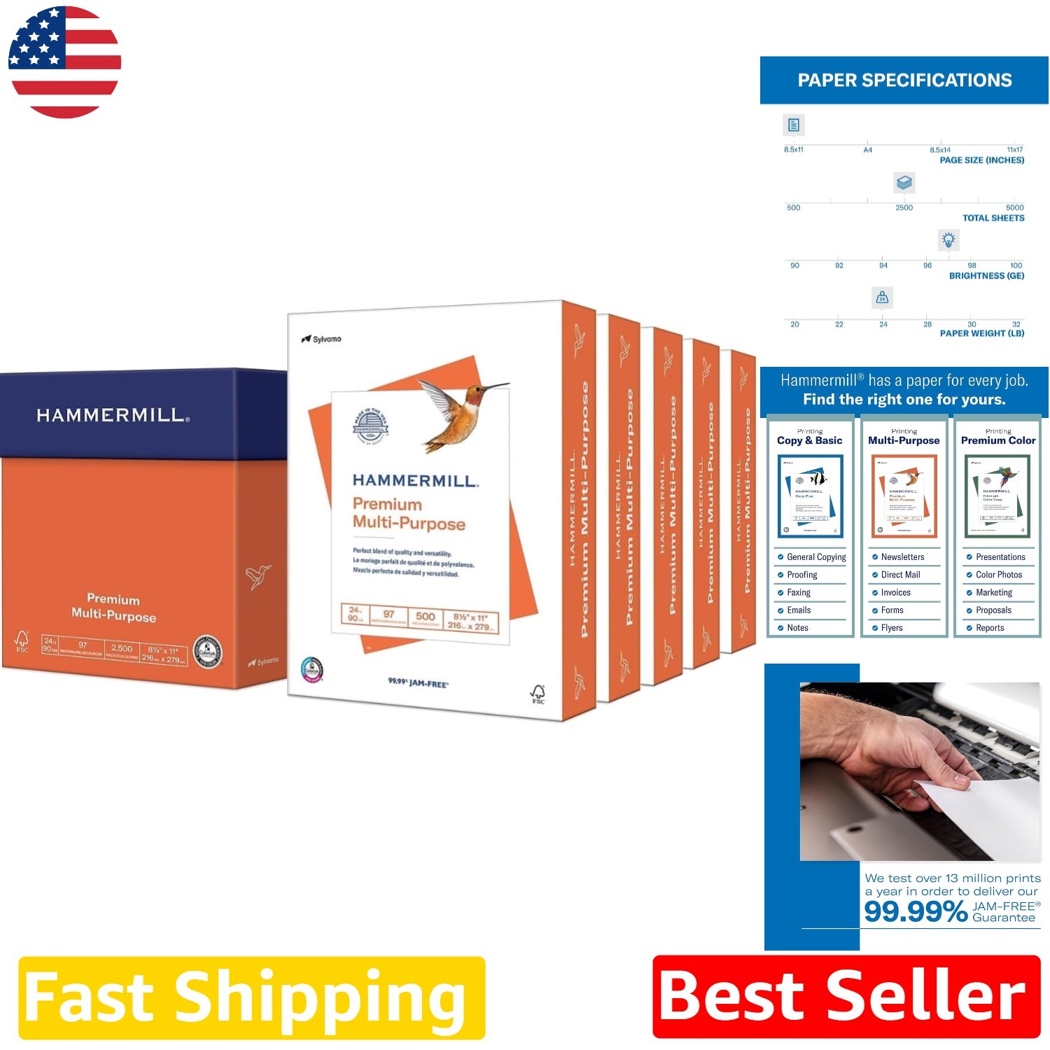High-Value 24lb Printer Paper 8.5×11, 5 Reams, 97 Bright, Sustainably Made