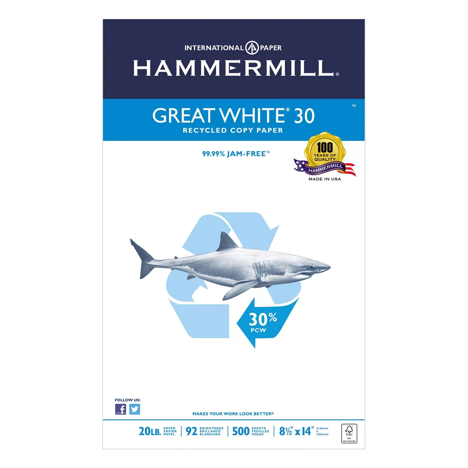 Hammermill Great White Recycled Copy Paper 92 Brightness 20lb 8-1/2 x 14 4 Reams