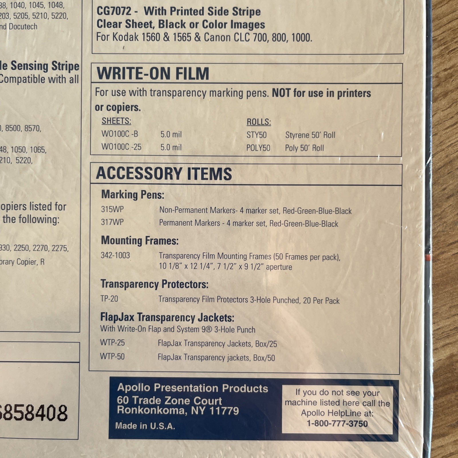 Apollo Ink Jet Transparency Film CG7031S for HP Printers 50 Sheets 8.5×11 Clear