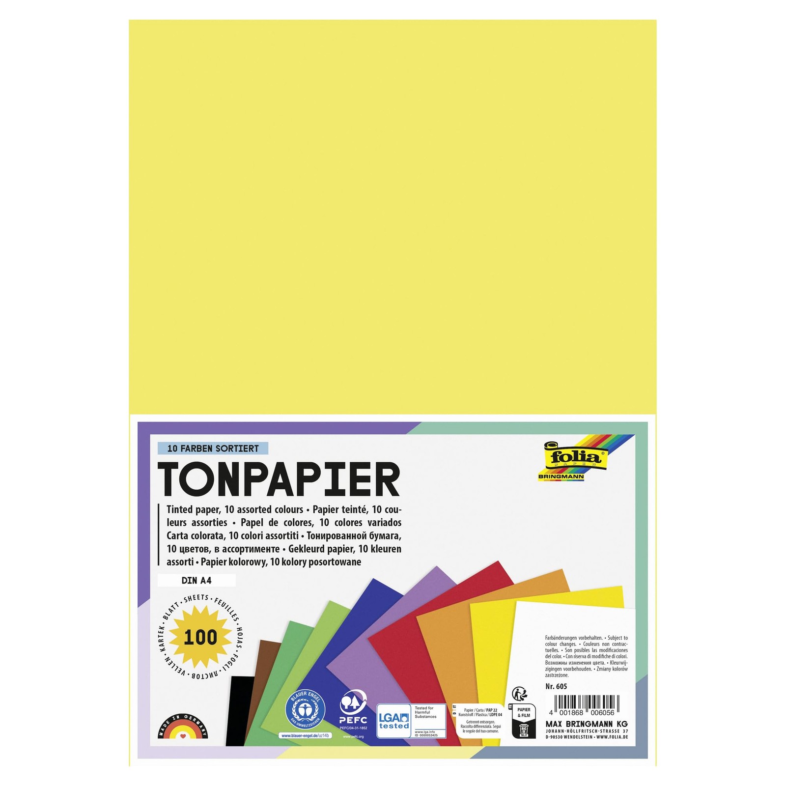 605 Tonpapier Mix, DIN A4, 130 g/m², 100 Blatt sortiert in 10 Farben, zum Ba…