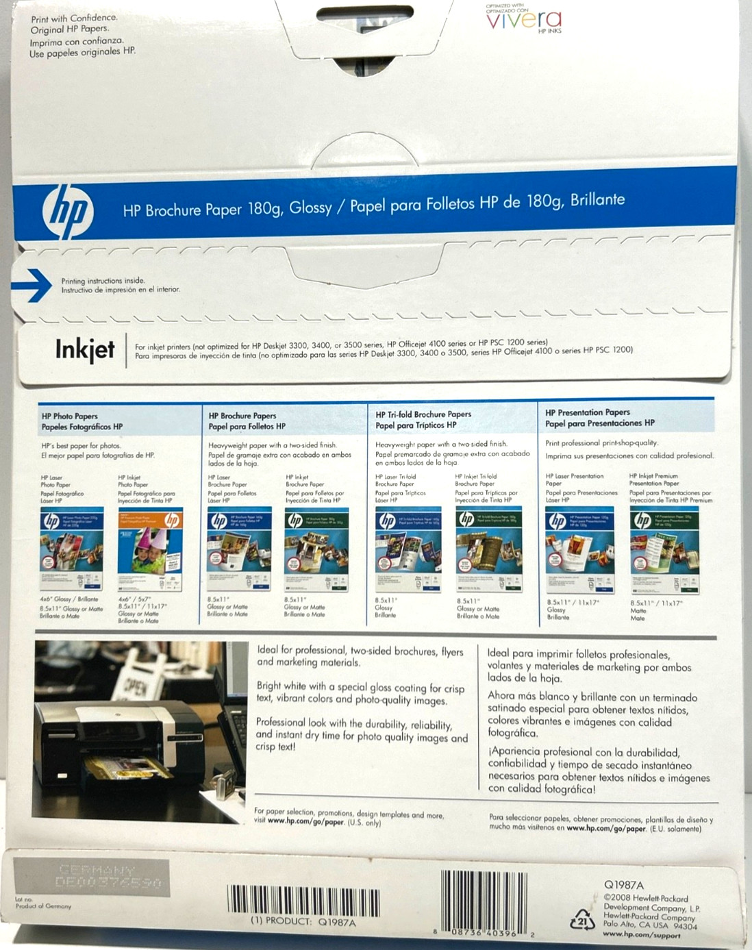HP Inkjet Brochure Paper 98 Bright 48lb 8.5 x 11 White 150/Pack Q1987A