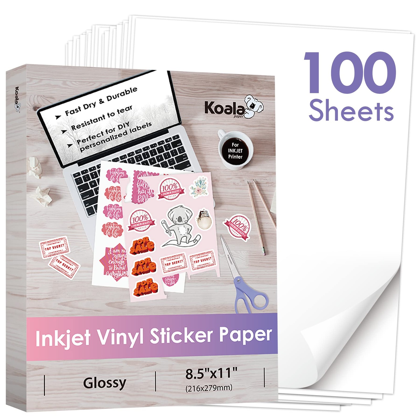 Koala Printable Vinyl Sticker Paper for Inkjet Printers – 100 Sheets Glossy W…