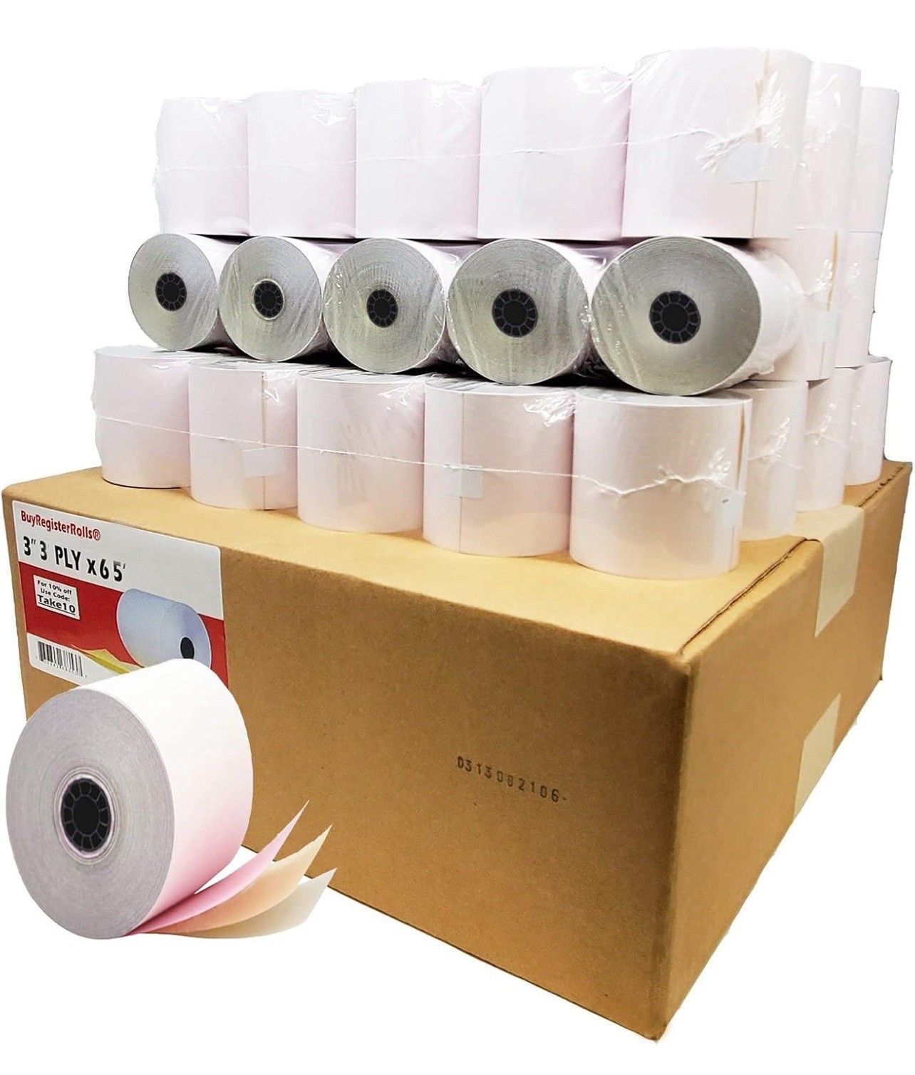 3-ply 3″ inch 65′ Feet (50 Rolls – 60 GSM) White/Canary/Pink Carbonless