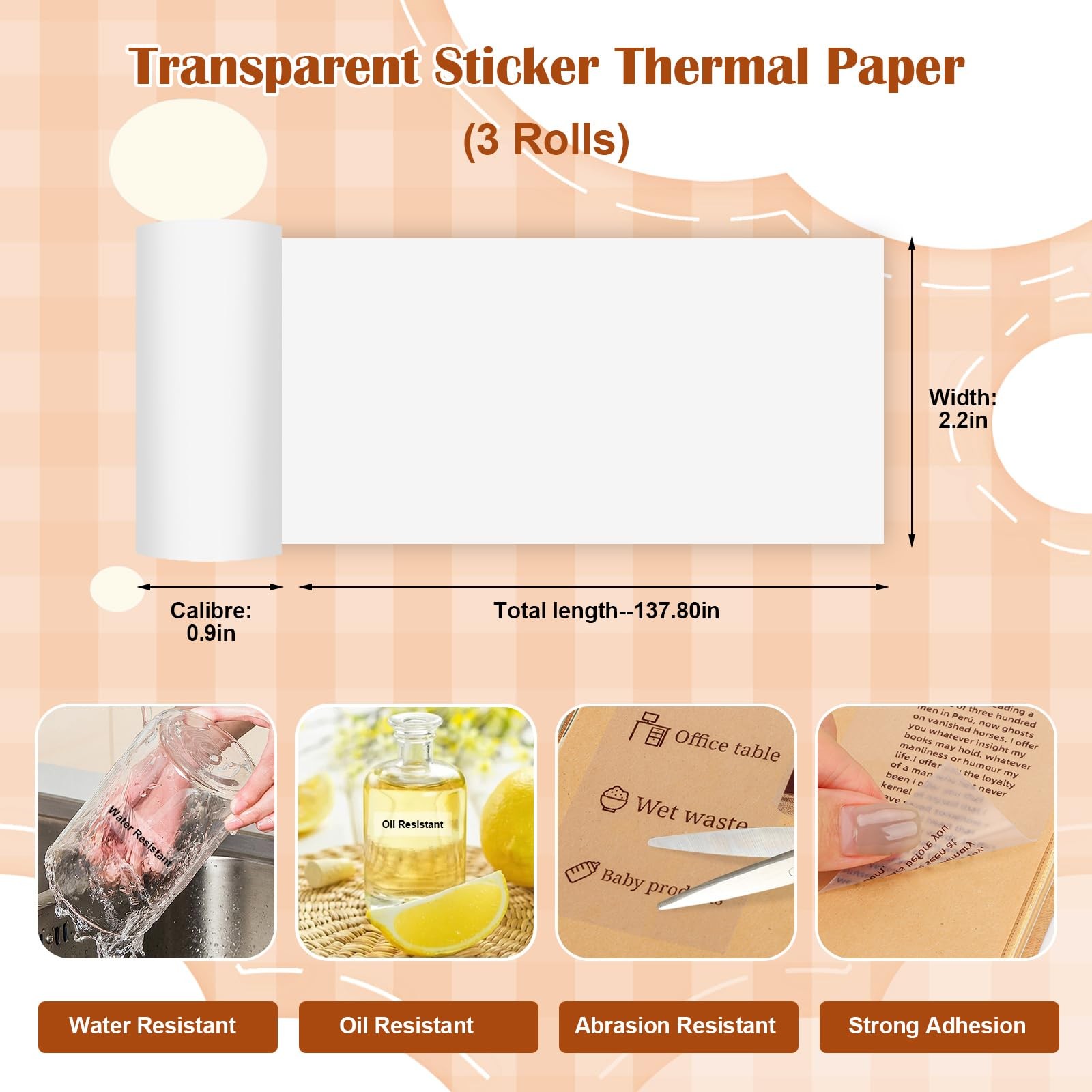 3 Rolls Transparent Thermal Inkless Sticker 57 x 25mm -Adhesive Sticker Suita…