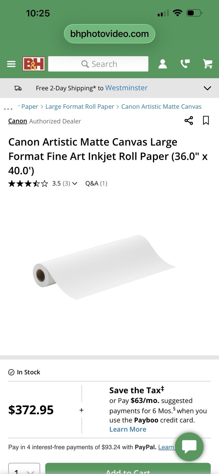 Wide Format Printer- Canon Fine Art – Qty 2 Matte Canvas -36″x 40′ Rolls $100
