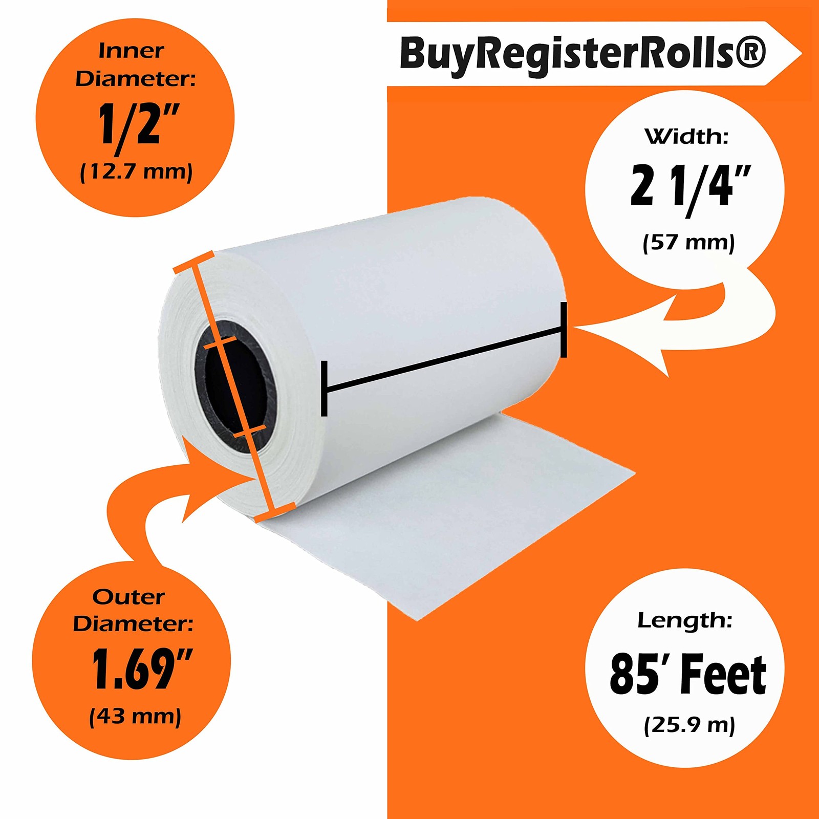 (5 Rolls) 2 1/4 x 85 Thermal Paper Receipt Rolls 2.25 x 85 ft, 5 ROLLS, white