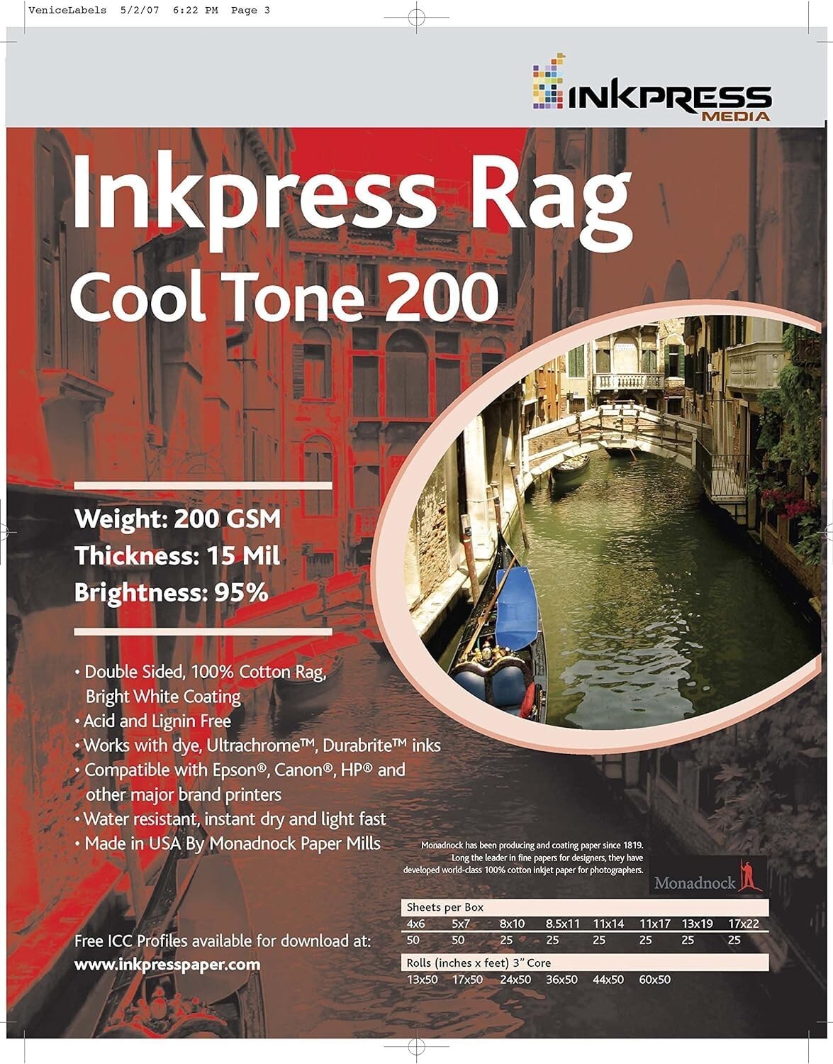 Inkpress Rag Cool Tone 200 Matte Fine Art Paper (11×14″), 25 Sheets Double-Sided
