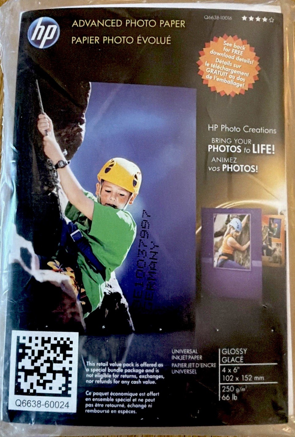 HP Advanced Photo Paper 4”x6” Inkjet 100 Sheets Glossy Q6638-60024