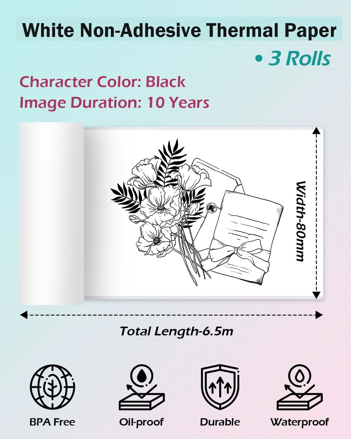 Phomemo 3 Rolls Non-Adhesive 80mm Width Thermal Paper Printer Paper For M03 M04S