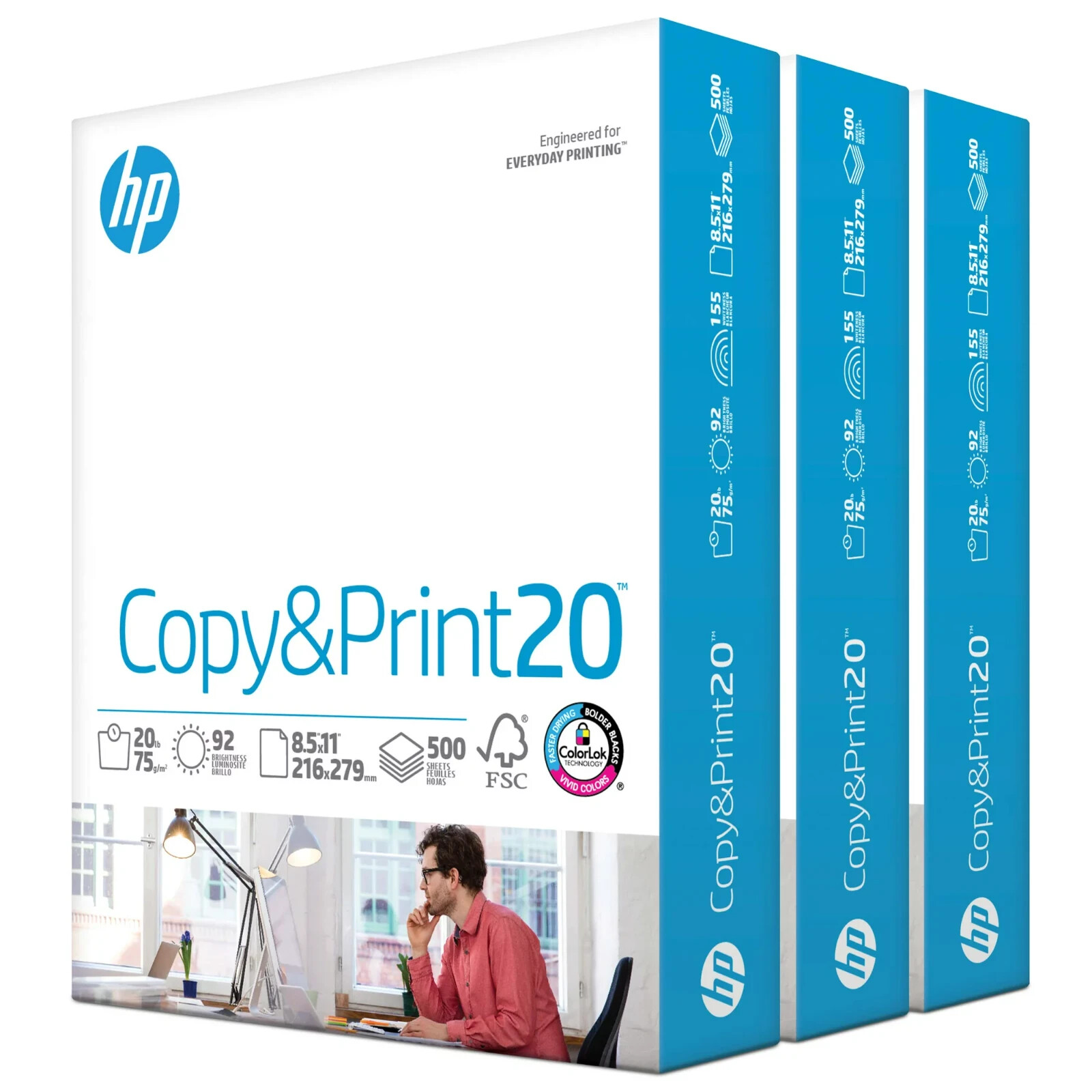 3-Reams HP Office20 Printer Paper White Letter Size 8.5″ x 11″, 1,500 Sheets