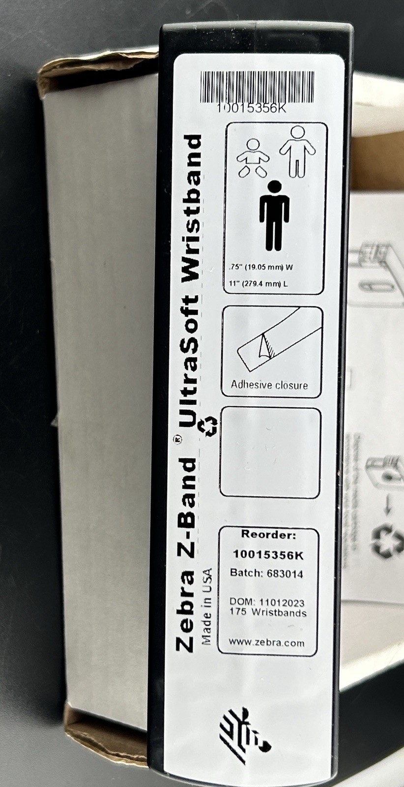 Zebra 10015355K 1″×11″ Adult Z-Band UltraSoft Wristband Cartridge 175 White Band