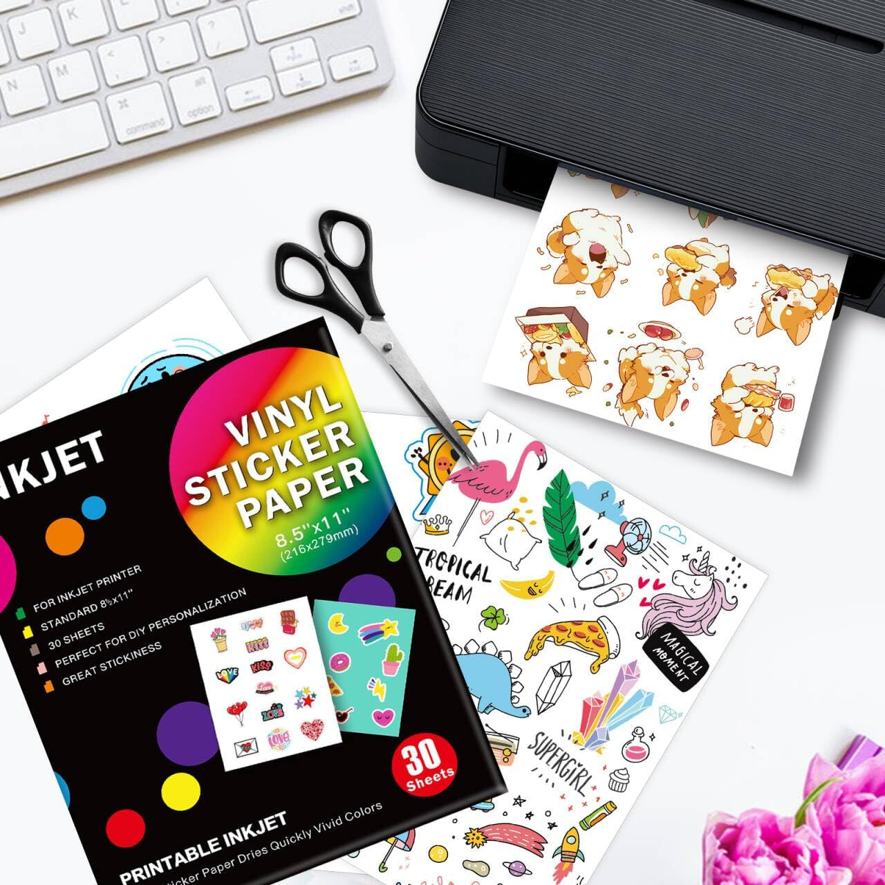 30 Sheets Premium Printable Clear Vinyl Sticker Paper for Inkjet Printers 8.5X11