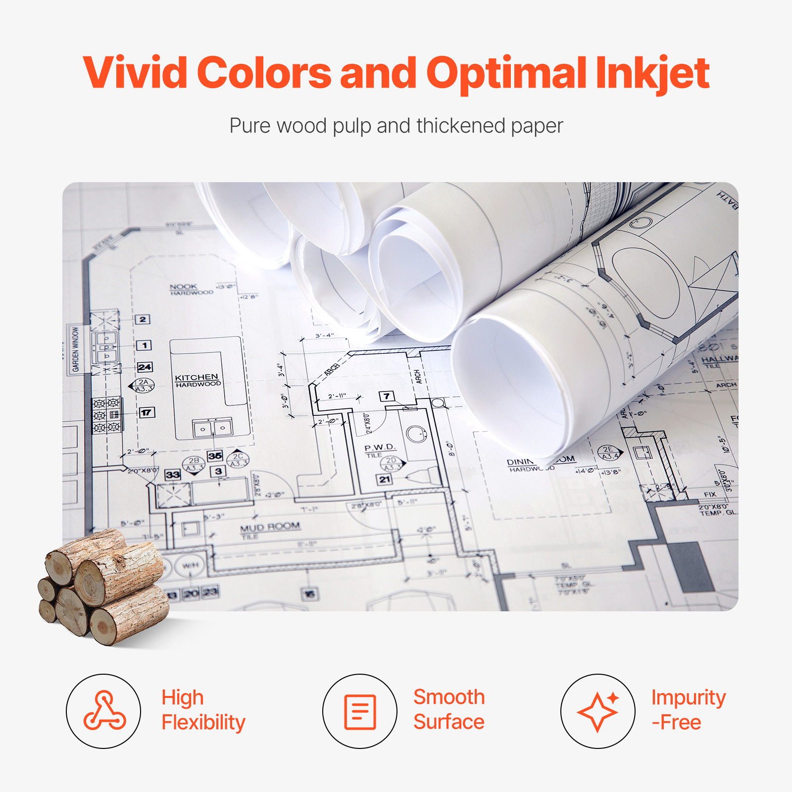 Wide Format Plotter Paper 24″ x 150′ 20LB Inkjet Bond Rolls 2″ Core 1-4 Rolls