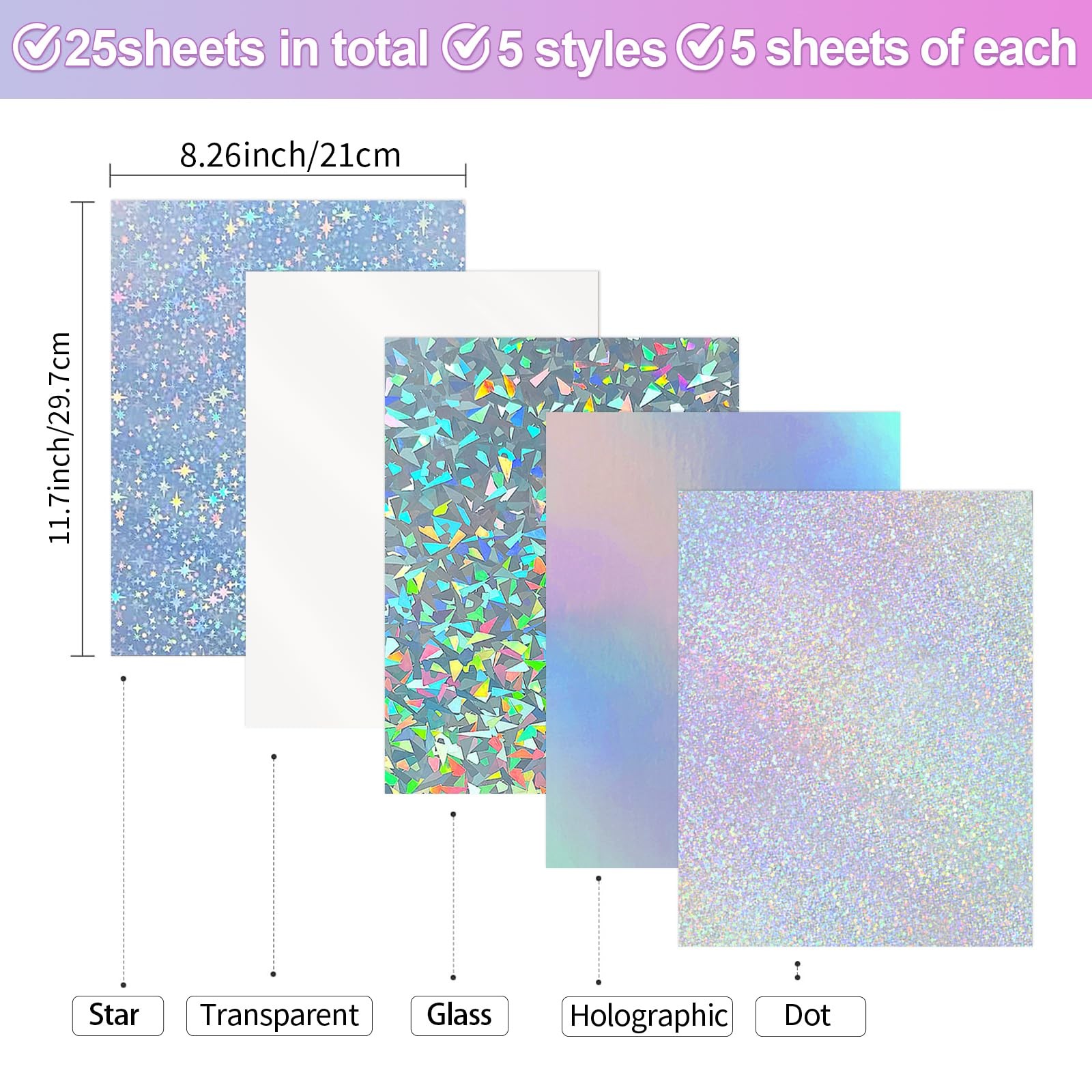 25 Sheets Holographic Sticker Paper A4, Mixed Patterns Printable Vinyl Sticke…