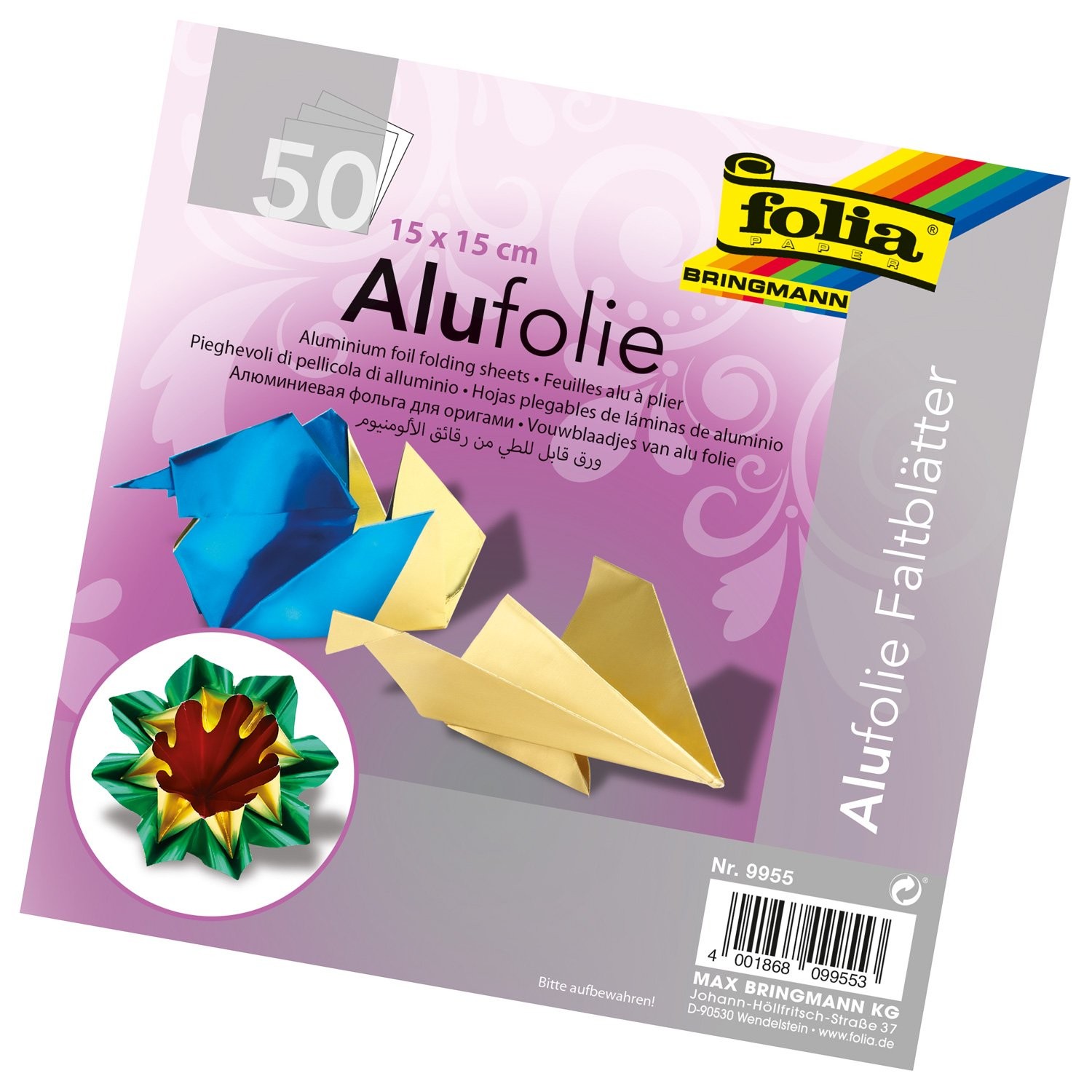 9955 Faltblätter aus Alufolie 15 x 15 cm, 100 g/qm, 50 Blatt, farbig sortier…