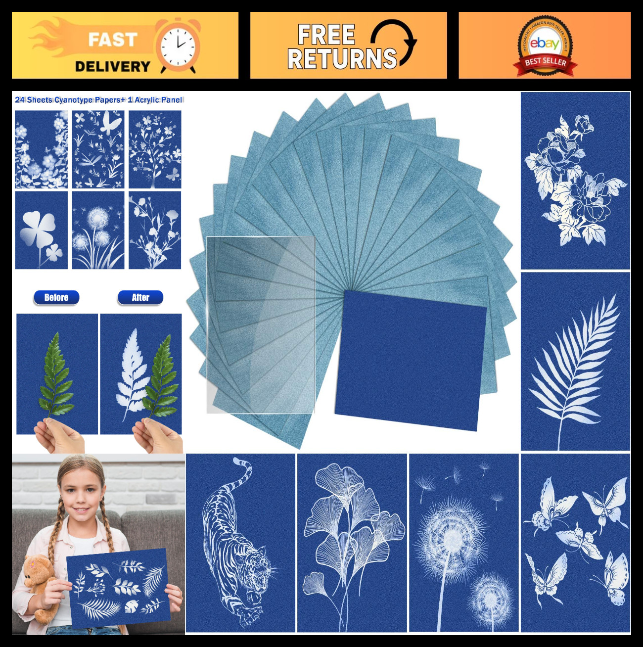 Cyanotype Paper Kit – 24 Sheets Sun Print Paper + Acrylic Panel for DIY Art Proj