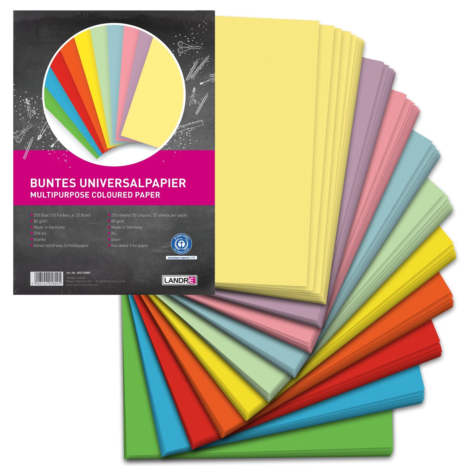 250 Sheets A4 Colourful Universal Paper, 80gsm, Printer Paper, 10 Colours