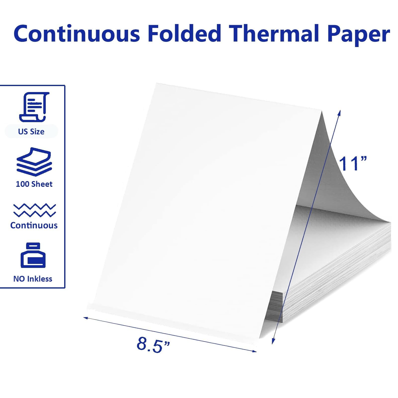 100 Sheets US Letter Size Thermal Paper, 8.5 x 11 Continuous Folding, white