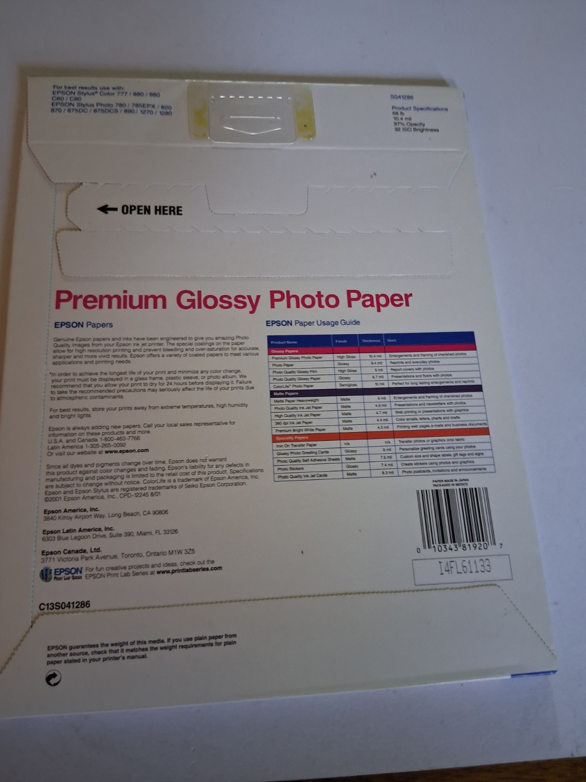 Epson Premium Glossy Photo Paper Unopened 8.5″x11″ 20 Sheets S041286 2001