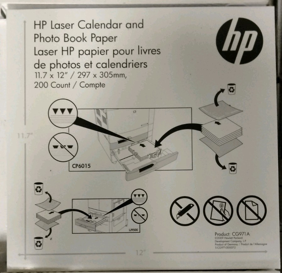 HP Laser Printer Paper 11.7 x 12 in White 200 Count CG971A CP6015 LP9500 Laser