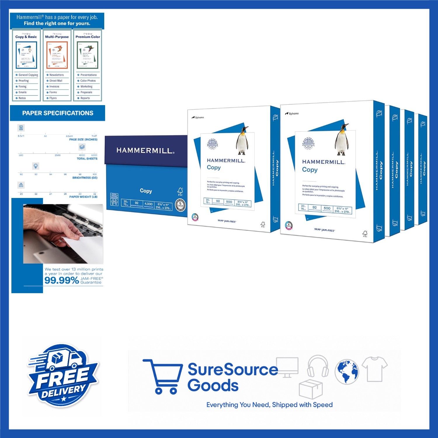 Copy Paper 20 lb 8.5 x 11 White 4000 Sheets 92 Bright with ColorLok Technology