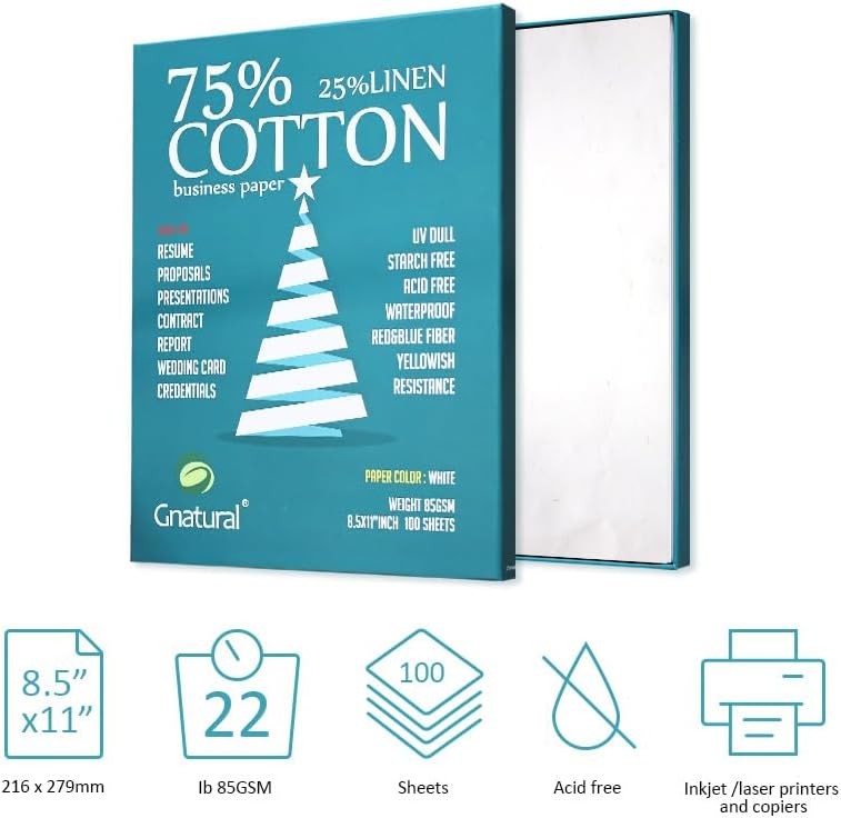 75% Cotton 25% Linen Paper, 85gsm Inkjet 8.5″×11″, White