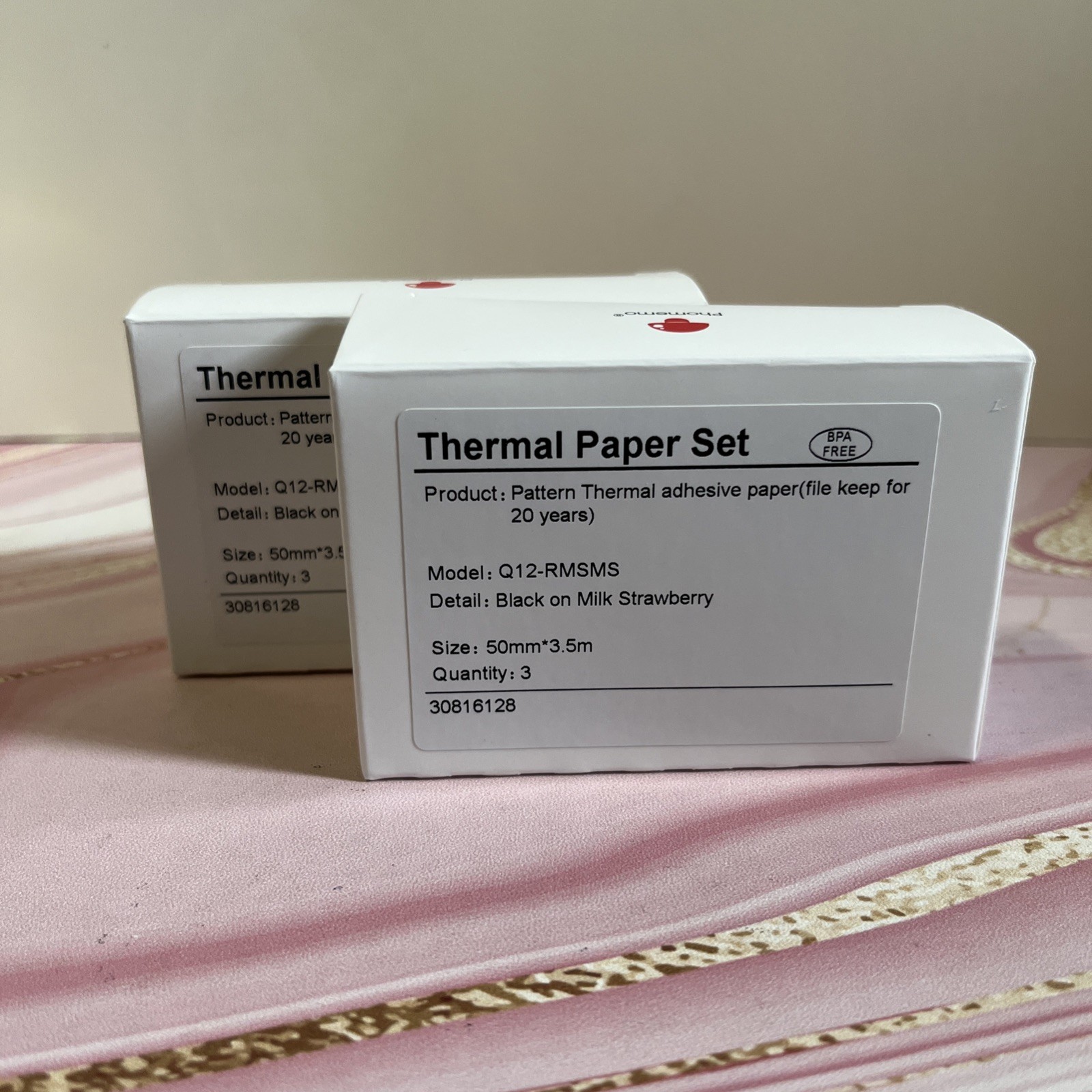 T02 Mini Thermal Printer Paper, 20Yr Black on Milk Strawberry 5 Rolls