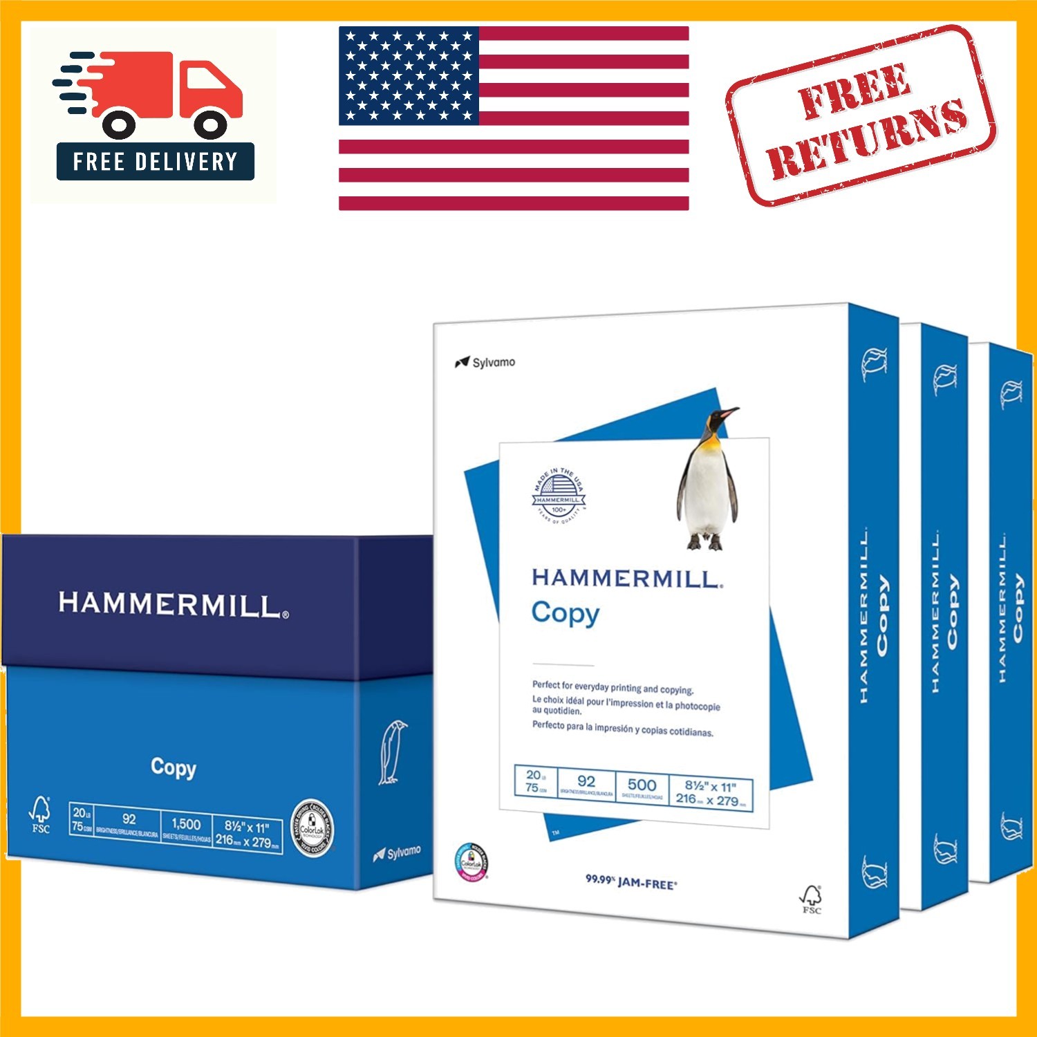 20 lb Printer Paper, 8.5×11 – 1,500 Sheets, JAM-FREE, 92 Bright, USA