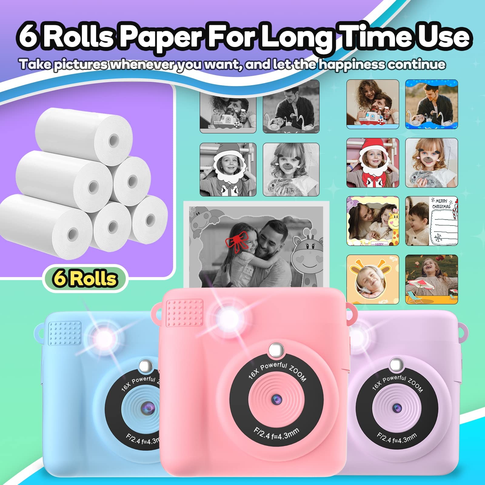 Printer Paper,6 Rolls for Kids Instant Print Camera,HD Printing 6