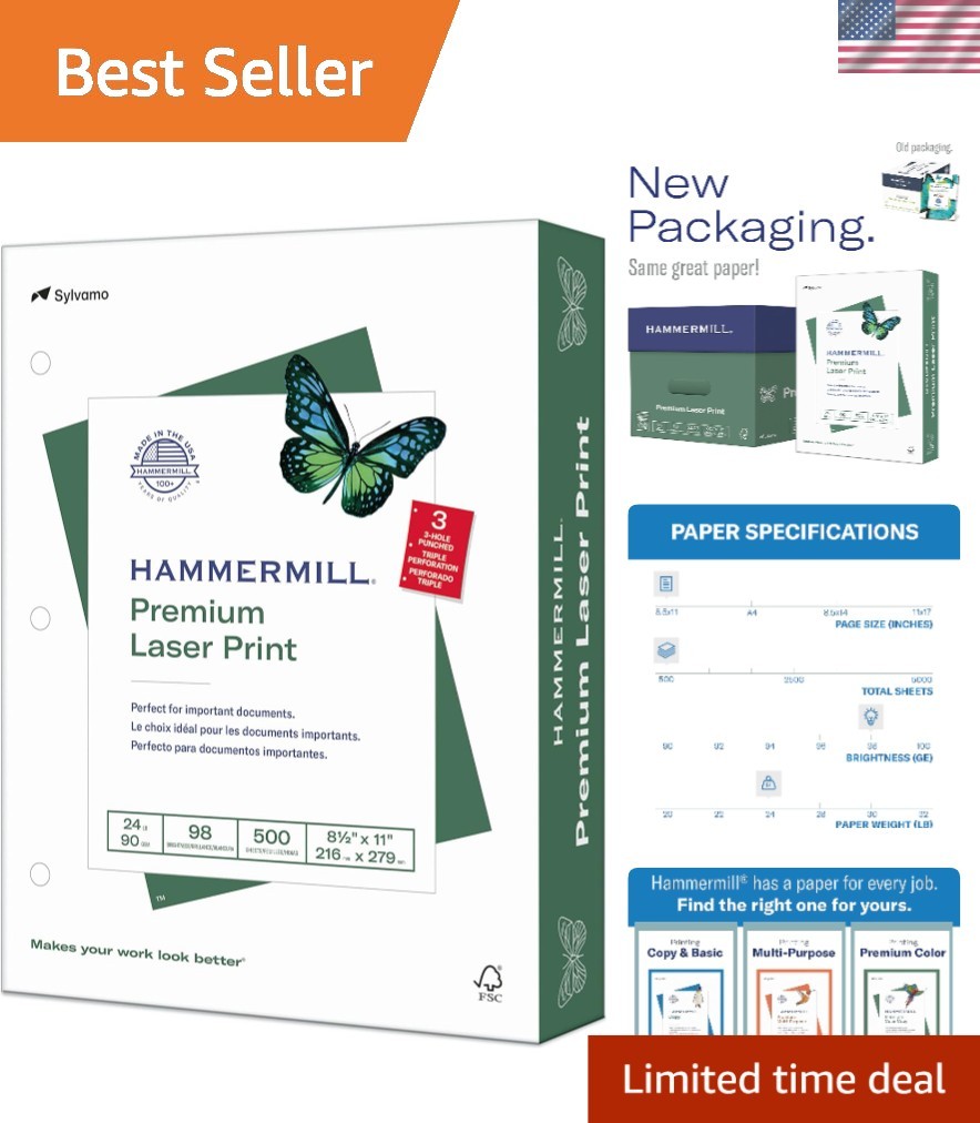 High-Quality 98 Bright 8.5×11 Laser Print Paper, 24lb, 500 Sheets, Jam-Free